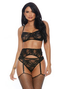 Lace Me Down Bra, Garter Belt and Panty - Black - M