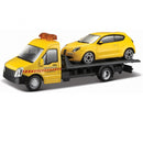 schaalmodel Alfa Romeo Mito + Flatbed Transporter 1:43 geel