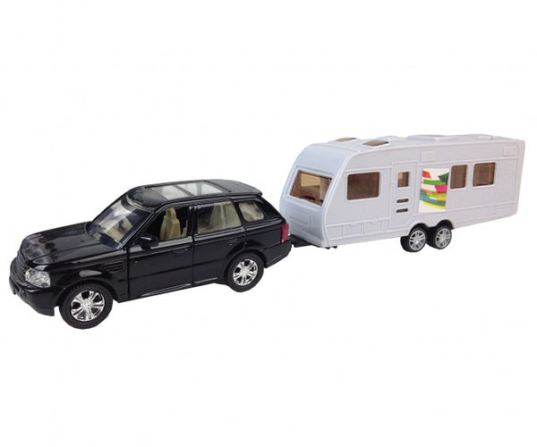 auto met caravan 28 cm pullback zwart/wit