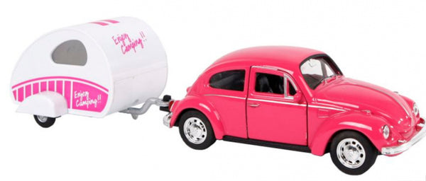 auto Volkswagen Beetle 21 cm staal roze/wit 2-delig