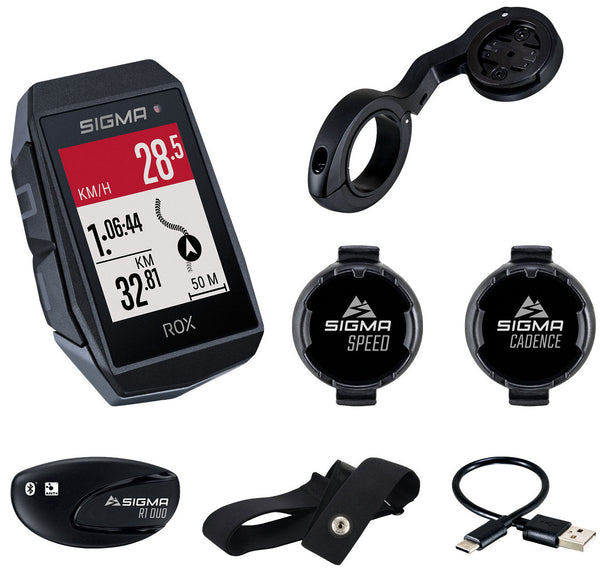 GPS Fietscomputer Sigma ROX 11.1 EVO GPS HR + CAD set met korte Butler stuurhouder - zwart