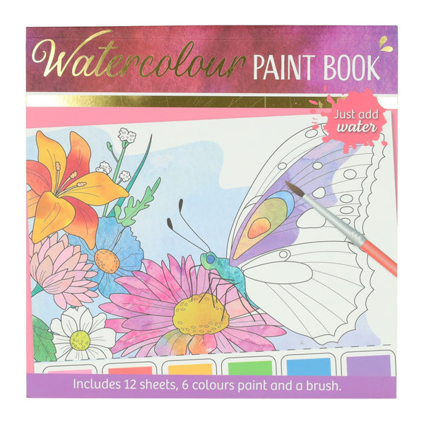 Waterverfkleurblok Volwassenen - Vlinders en Bloemen - incl Penseel en 6 kleuren waterverf