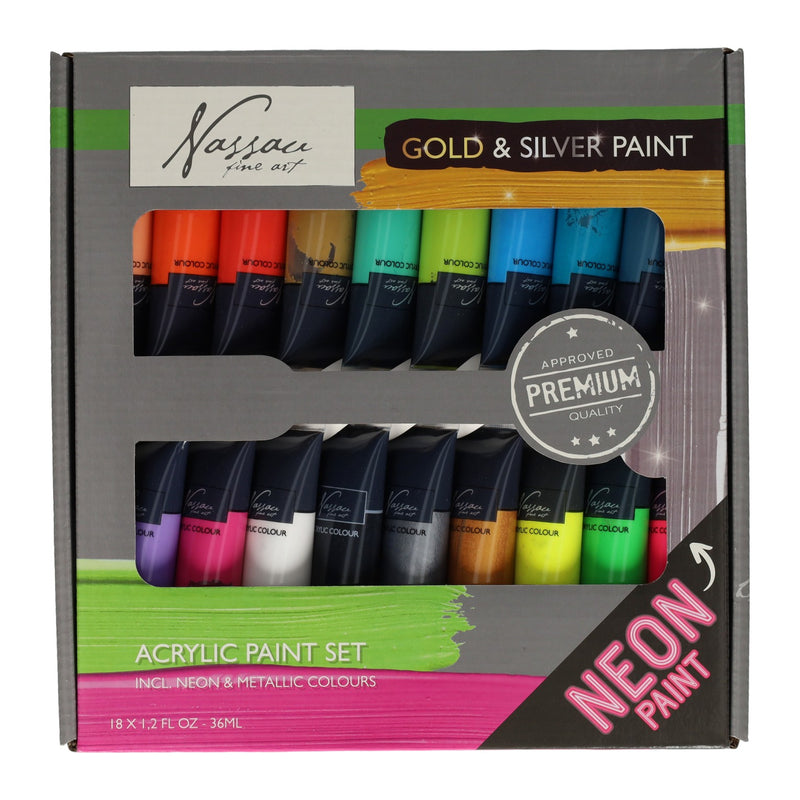 Acrylverf Fluor en Metallic Kleuren, 18x36 ml