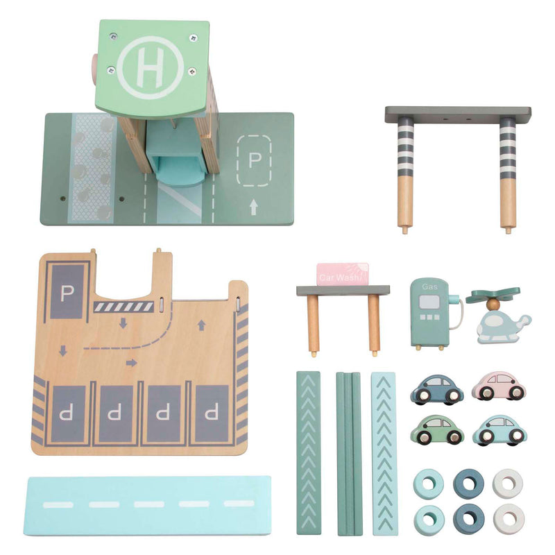 Pastelkleurige Houten Parkeergarage en Tankstation met Lift