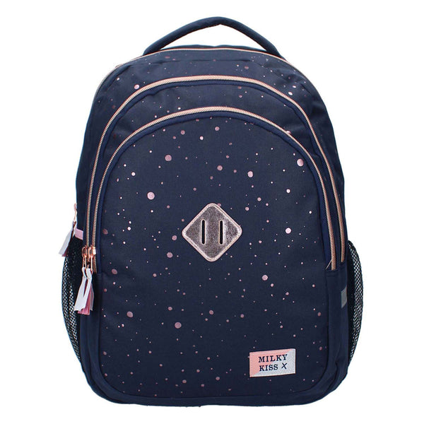 Milky Kiss Rugzak Divine Days Donkerblauw met Roze Stippen, 3-vaks