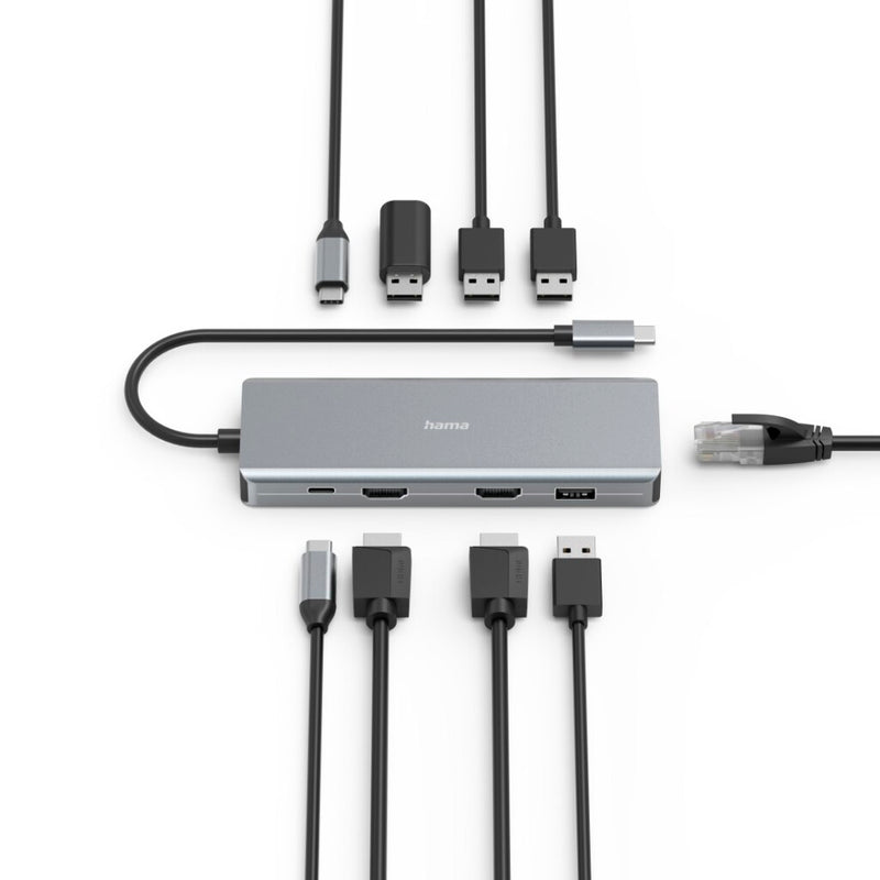 Hama USB C HUB 9-Poorts 2x HDMI USB A USB C LAN Antraciet