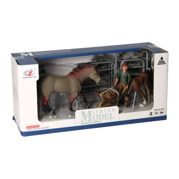 Speelset Paarden met Verzorger - Grijs Bruin