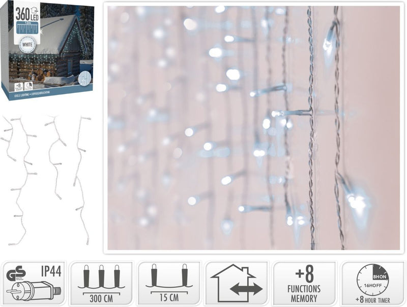 IJspegel verlichting - 360 LED - Wit - Transparant Snoer - Timer - Lichtfuncties - Geheugen