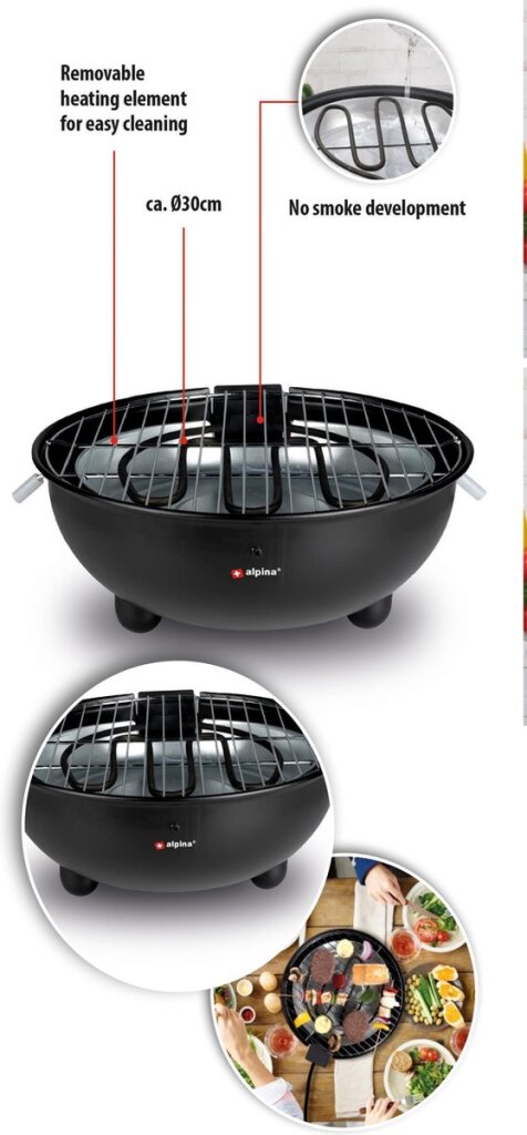 Alpina Elektrische BBQ Tafel-Barbecue 1250W 30 Cm Zwart
