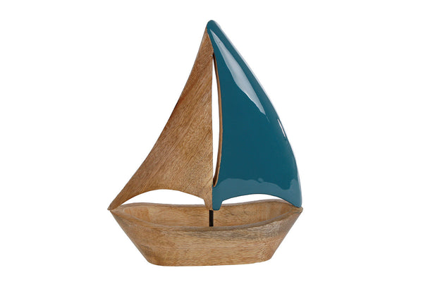 Sculptuur boot Sail L blauw/naturel mango 35x28x3cm