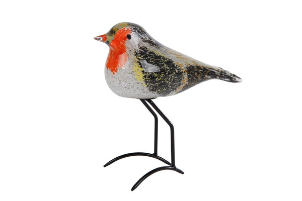 Sculptuur Roodborstje wit/zwart glas 17x8x15cm