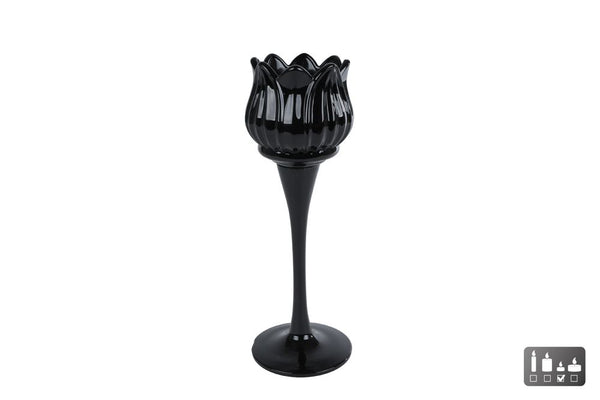 Theelichthouder Tulip zwart glas 7x7x22cm