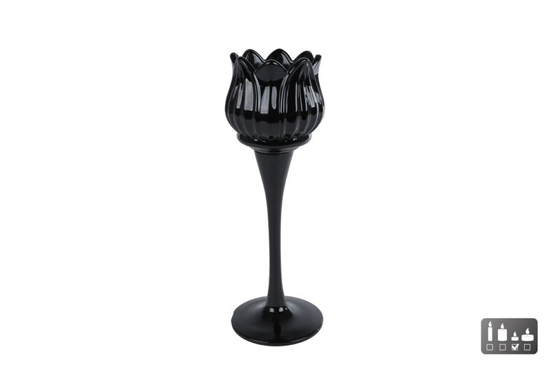 Theelichthouder Tulip zwart glas 7x7x22cm
