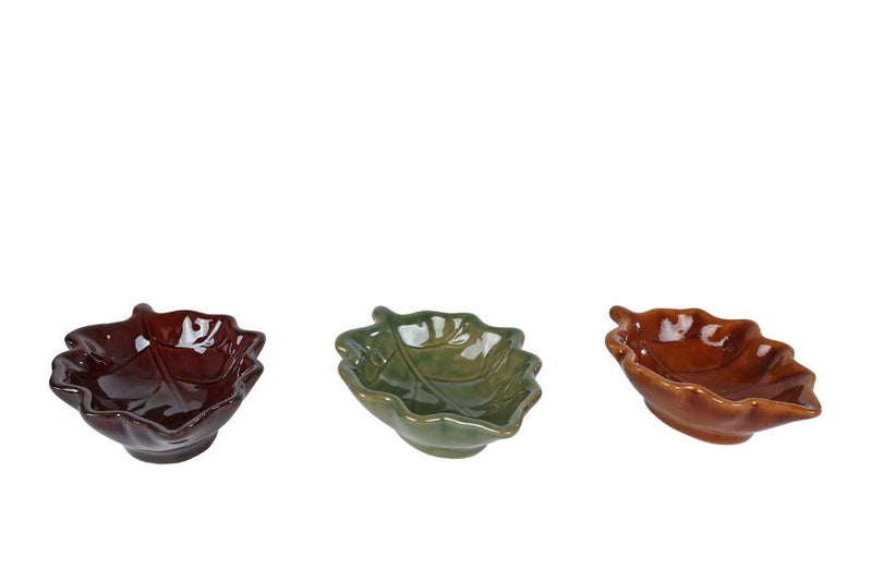 Schaaltje Leafs bruin/groen/paars aardew 9,5x7,5x3,5cm assor