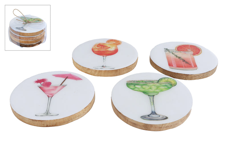 Onderzetter Cocktail hout/emaille 10x10x3,5cm set 4 stuks