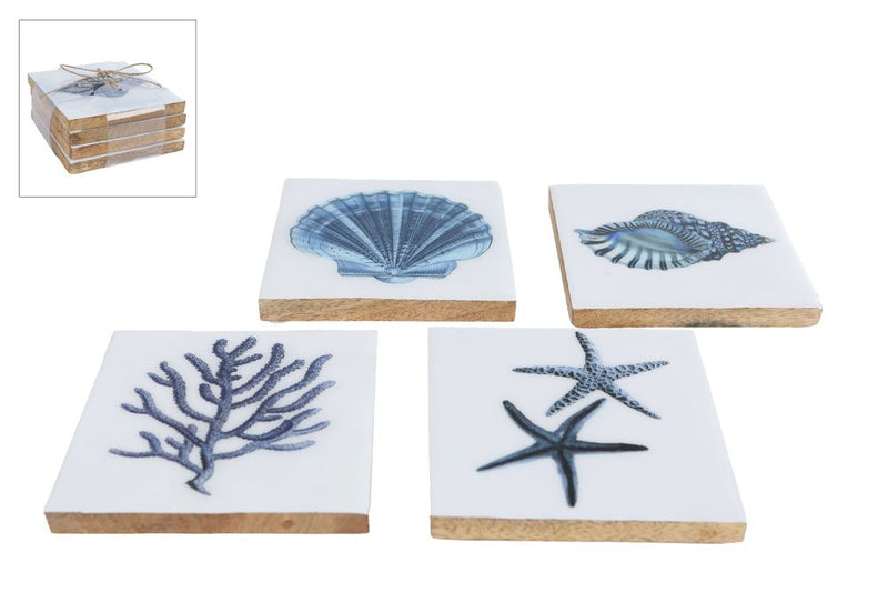 Onderzetter Sea hout emaile 10x10cm set 4 stuks