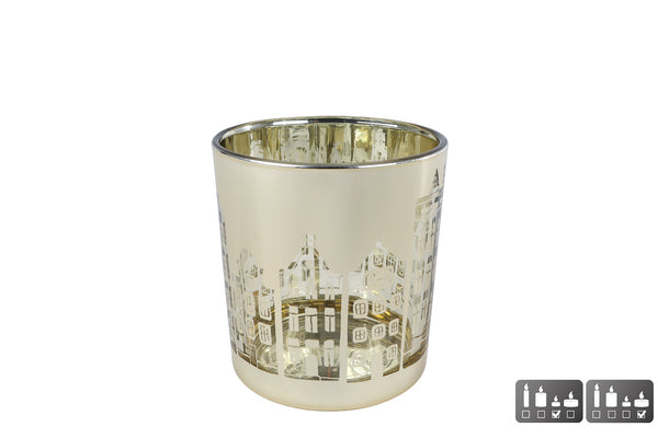 Theelichthouder Huisjes S goud glas 7,5x7,5x8cm