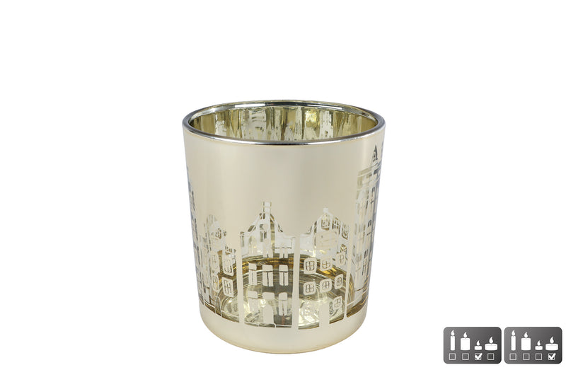 Theelichthouder Huisjes S goud glas 7,5x7,5x8cm