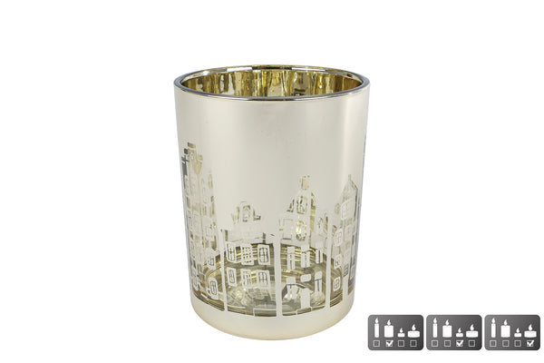 Theelichthouder Huisjes M goud glas 10x10x12,5cm