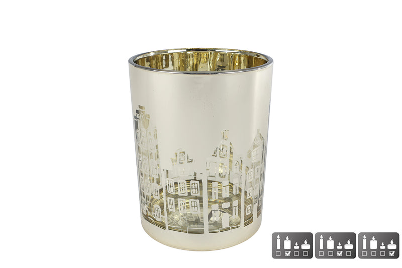 Theelichthouder Huisjes M goud glas 10x10x12,5cm