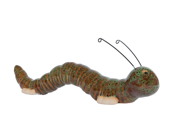 Sculptuur Caterpillar L bruin/groen aardew 22,5x4,5x8cm