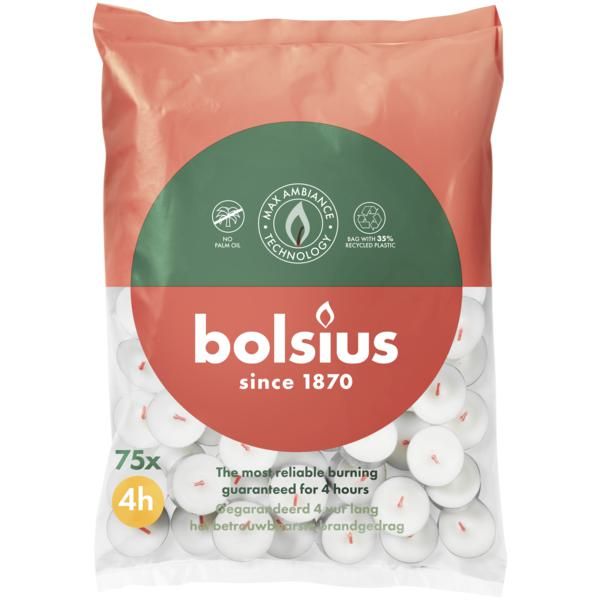 Bolsius theelicht 4 uur zak 75 stuks 16/38 wit