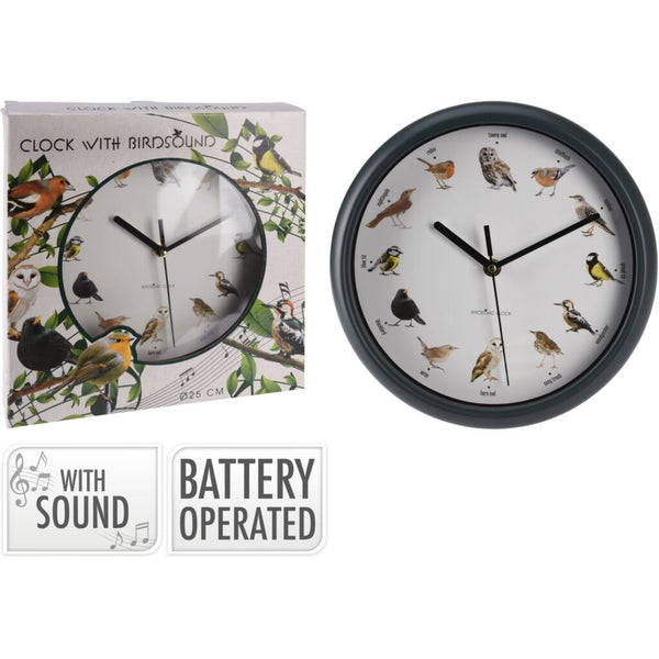 Wandklok Birds 25cm met vogel geluiden