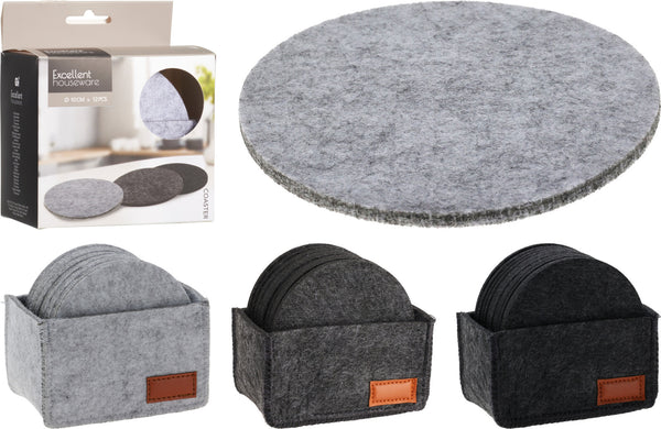Onderzetter set Vilt 10cm 12 stuks met houder