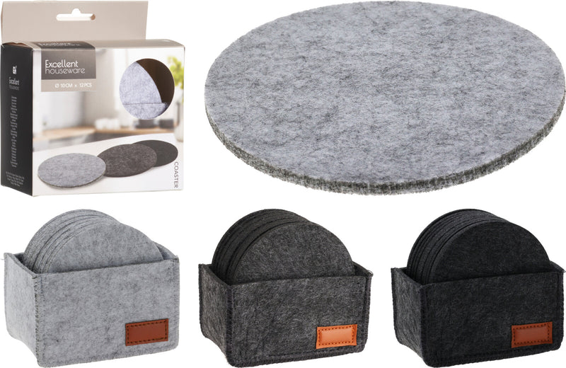 Onderzetter set Vilt 10cm 12 stuks met houder