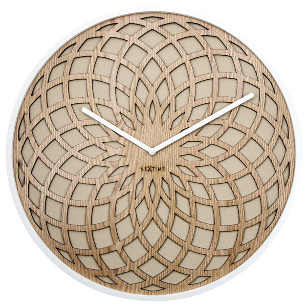 NeXtime NE-3149BE Wandklok Dia. 50 Cm, Hout & Stof, Beige, 'Sun Big'