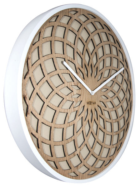 NeXtime NE-3149BE Wandklok Dia. 50 Cm, Hout & Stof, Beige, 'Sun Big'