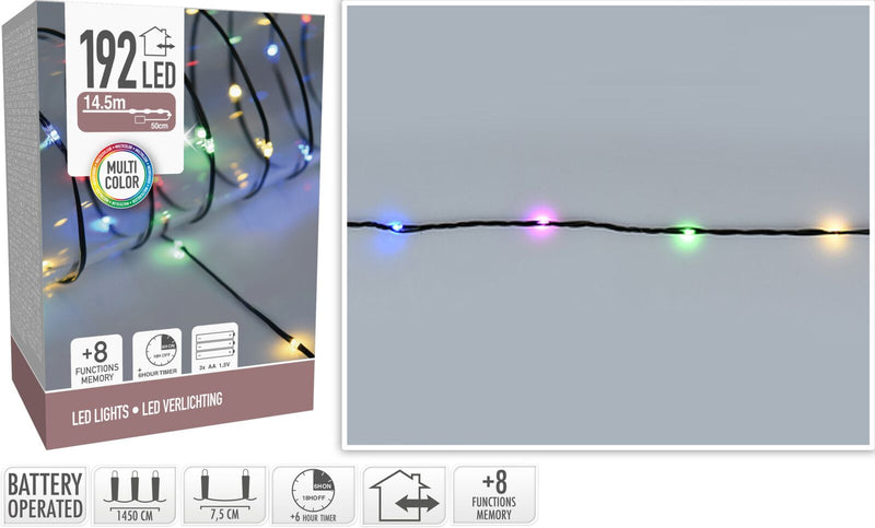 LED Verlichting  192 LED - multicolor - op batterij - 8 Lichtfuncties - Timer - Soft Wire