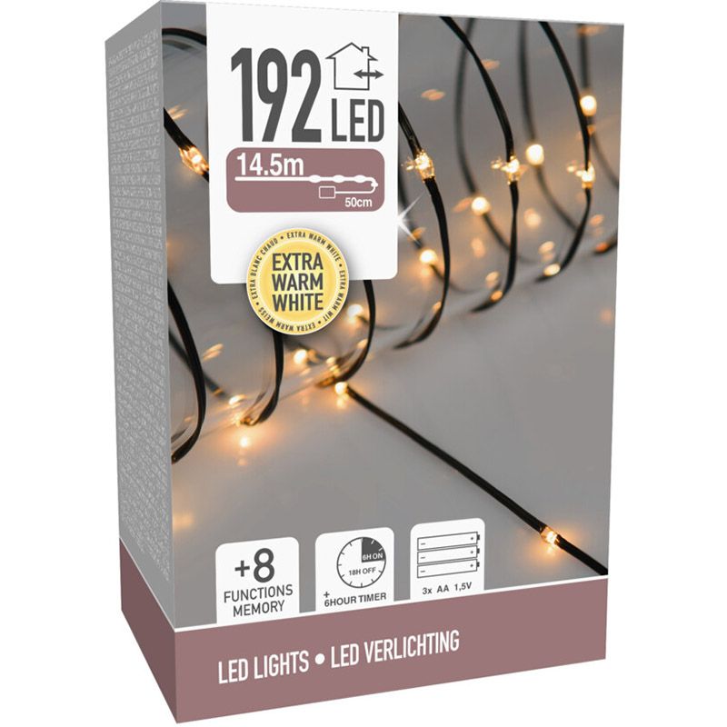 LED Verlichting  192 LED - extra warm wit - op batterij - 8 Lichtfuncties - Timer - Soft Wire