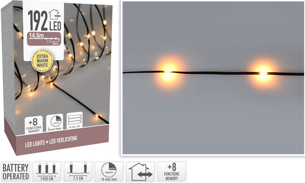 LED Verlichting  192 LED - extra warm wit - op batterij - 8 Lichtfuncties - Timer - Soft Wire