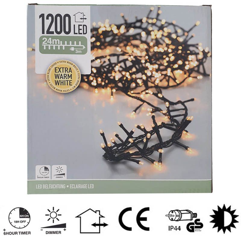 Micro Cluster - 1200 LED - 24m - met timer en dimmer - extra warm wit