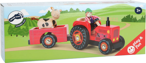 Small Foot - Houten Tractor met Aanhangwagen Rood en Speelfiguren, 4dlg.