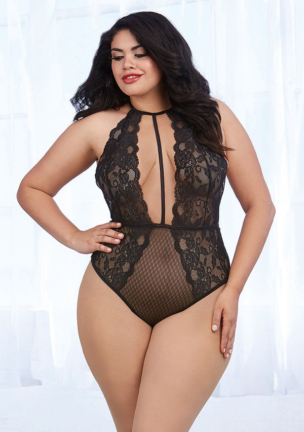 Koninginnegrootte Stretch Kant en Mesh Teddy - Zwart