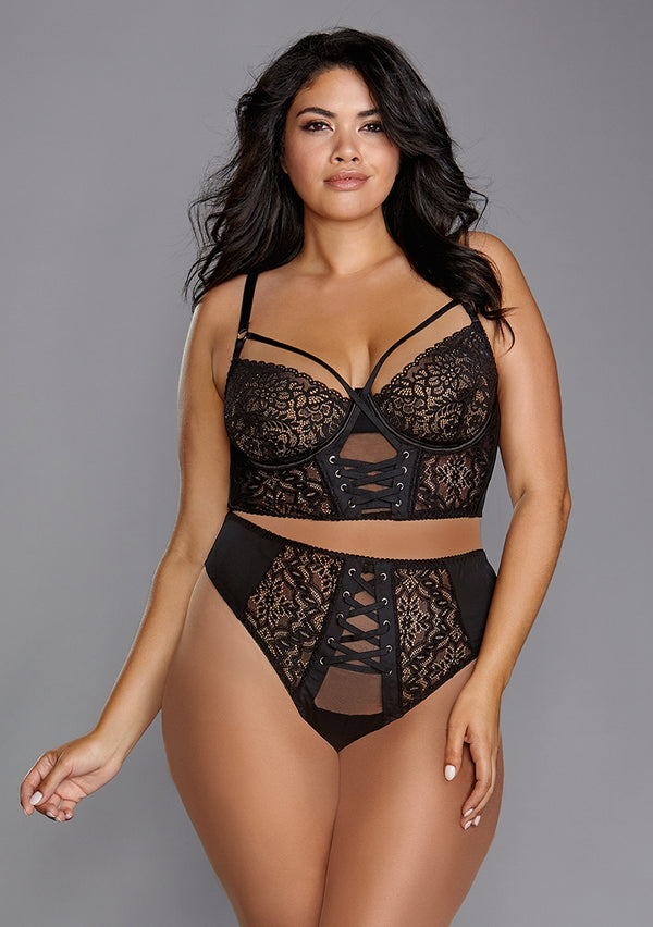 Stretch Mesh & Stretch Galon Kanten Bustier - Zwart