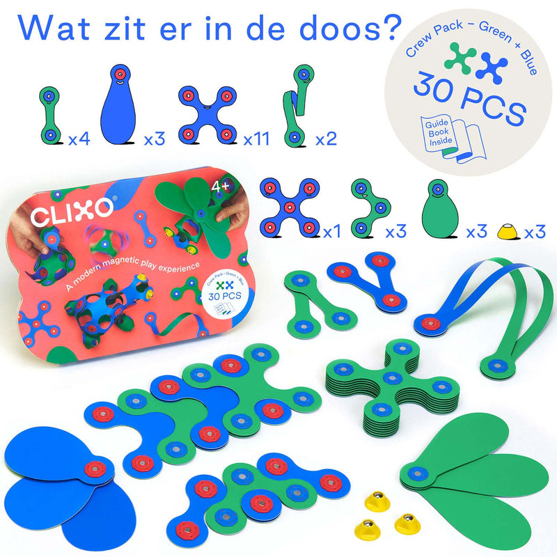 Clixo Magnetisch Bouwspeelgoed Crew Pack Blauw/Geel, 30dlg.