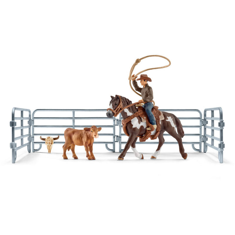 Schleich Lassovangst met Cowboy + Paard en Kalf