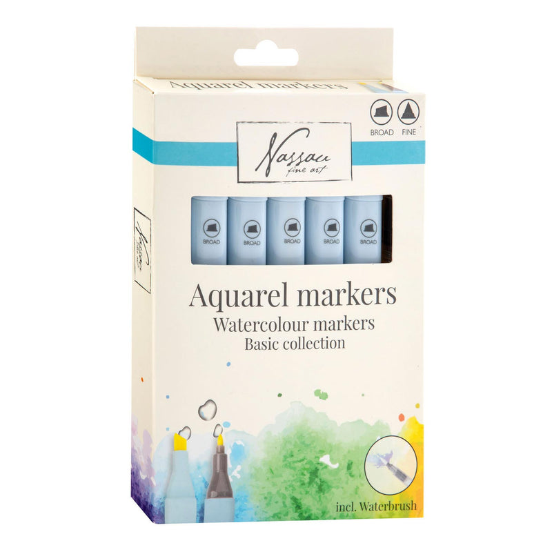 Nassau Aquarel Marker Set Dual Tip, 6st. - Basis Kleuren