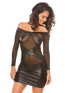 Off-shoulder Wetlook Criss Cross Jurk - Zwart - L/XL