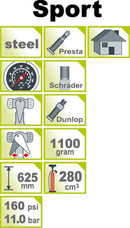 Hogedruk fietspomp IceToolz 240A451 met manometer 160PSI - staal