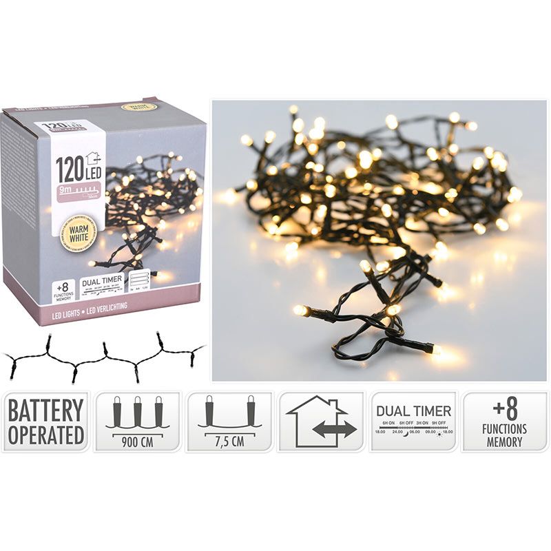 LED verlichting 120 LED - 9 meter - warm wit - Batterijbox 120 warm wit - dual-timer - geheugen en