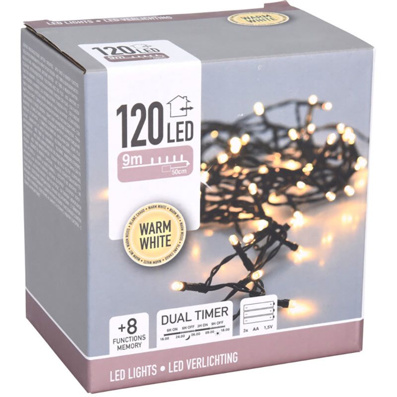 LED verlichting 120 LED - 9 meter - warm wit - Batterijbox 120 warm wit - dual-timer - geheugen en