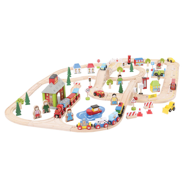Bigjigs Houten Treinbaan en Autobaan Set, 105dlg.