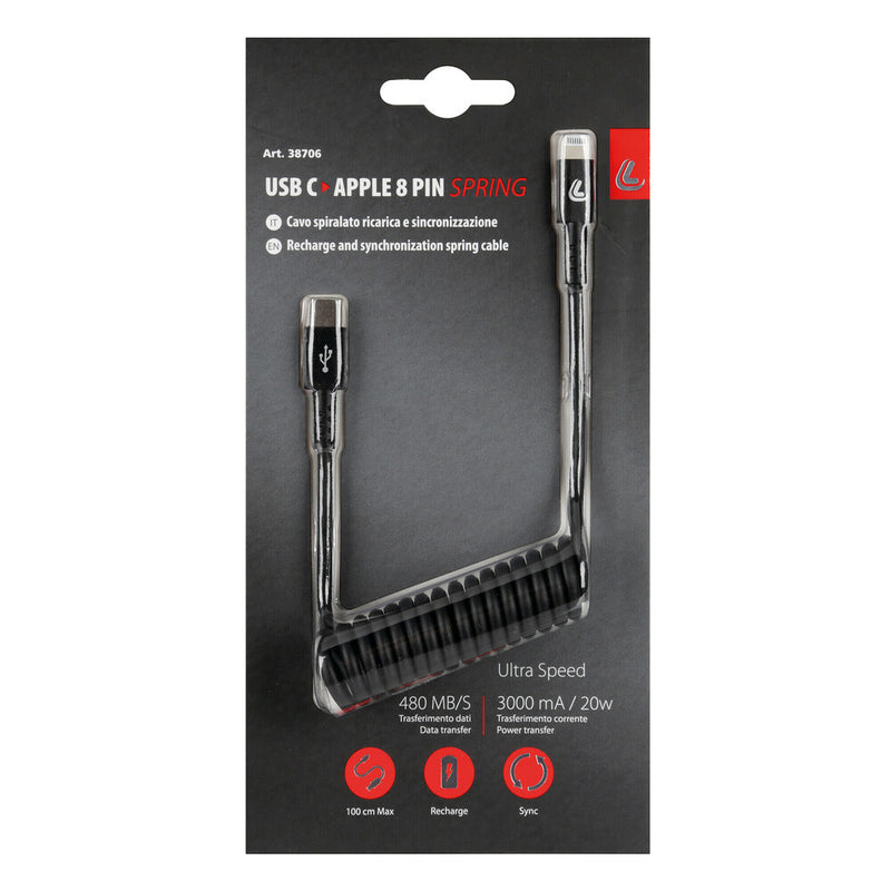Lampa veerkabel Usb Type-C > Appel 8 Pin - 100 cm - zwart