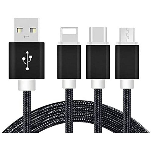3 in 1 oplaadkabel (USB Micro, USB Type-C & Lightning) - 1,2 Meter (Zwart-Nylon)