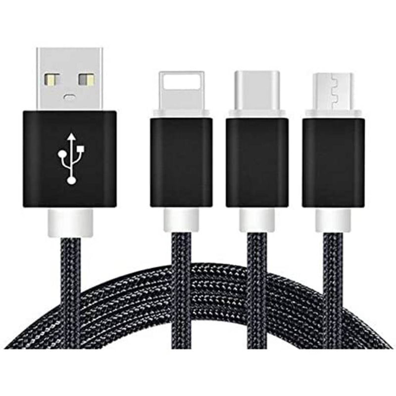 3 in 1 oplaadkabel (USB Micro, USB Type-C & Lightning) - 1,2 Meter (Zwart-Nylon)