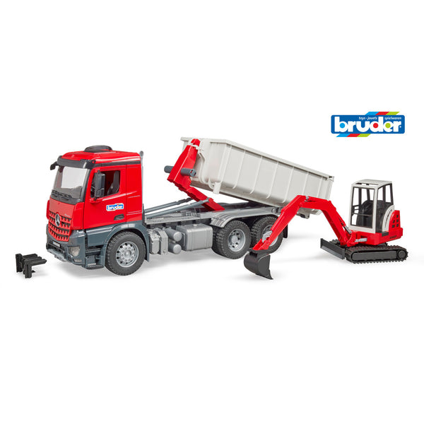 Bruder MB Arocs truck met container en Schaeff minigraver
